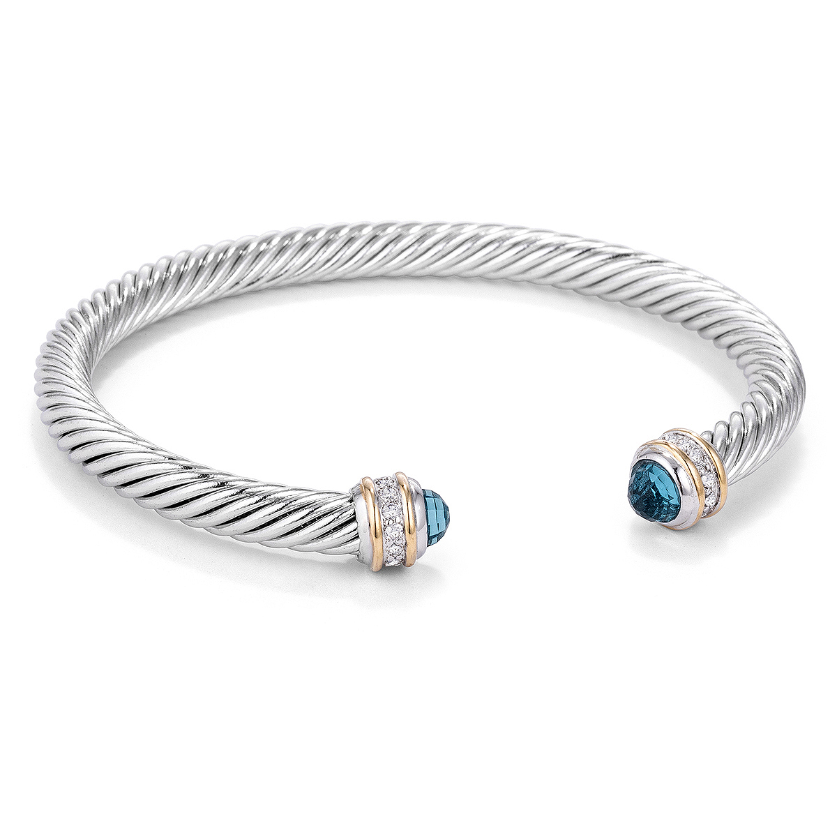 Silver Cable Bangle with Aqua Blue Crystal