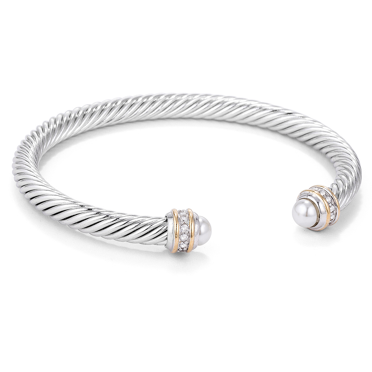 Silver Cable Bangle with Faux Pearl Crystal
